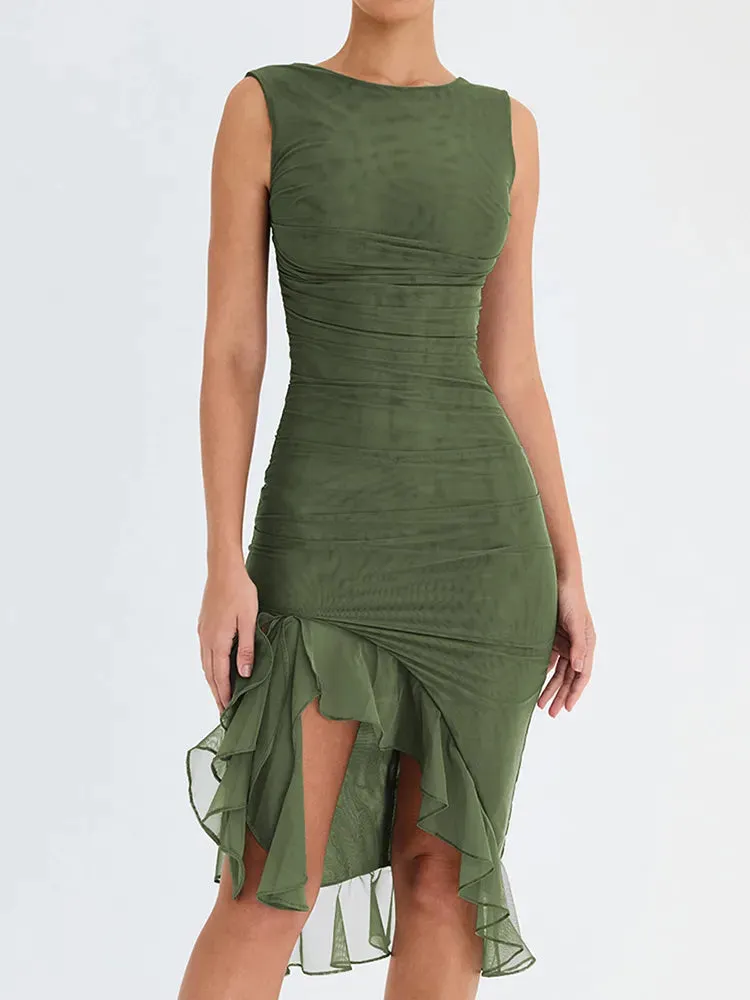 A&A Elegant Ruffle Ruched Midi Split Dress