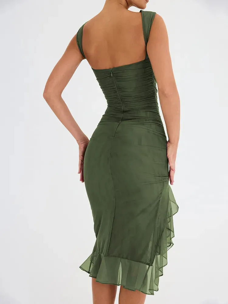 A&A Elegant Ruffle Ruched Midi Split Dress