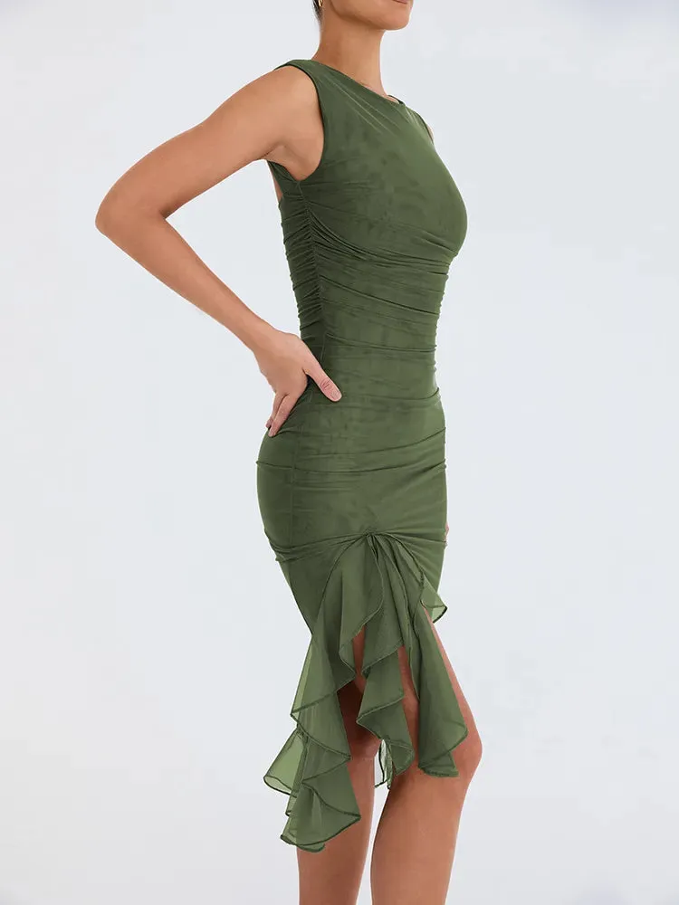 A&A Elegant Ruffle Ruched Midi Split Dress