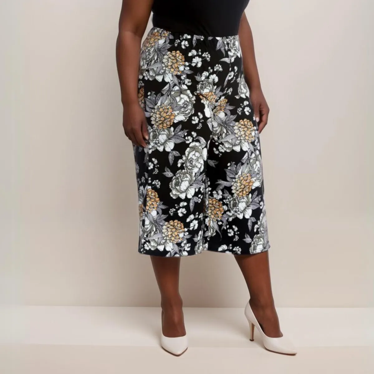 BLACK FLORAL 3/4 LENGTH ELASTIC WAIST CULOTTES