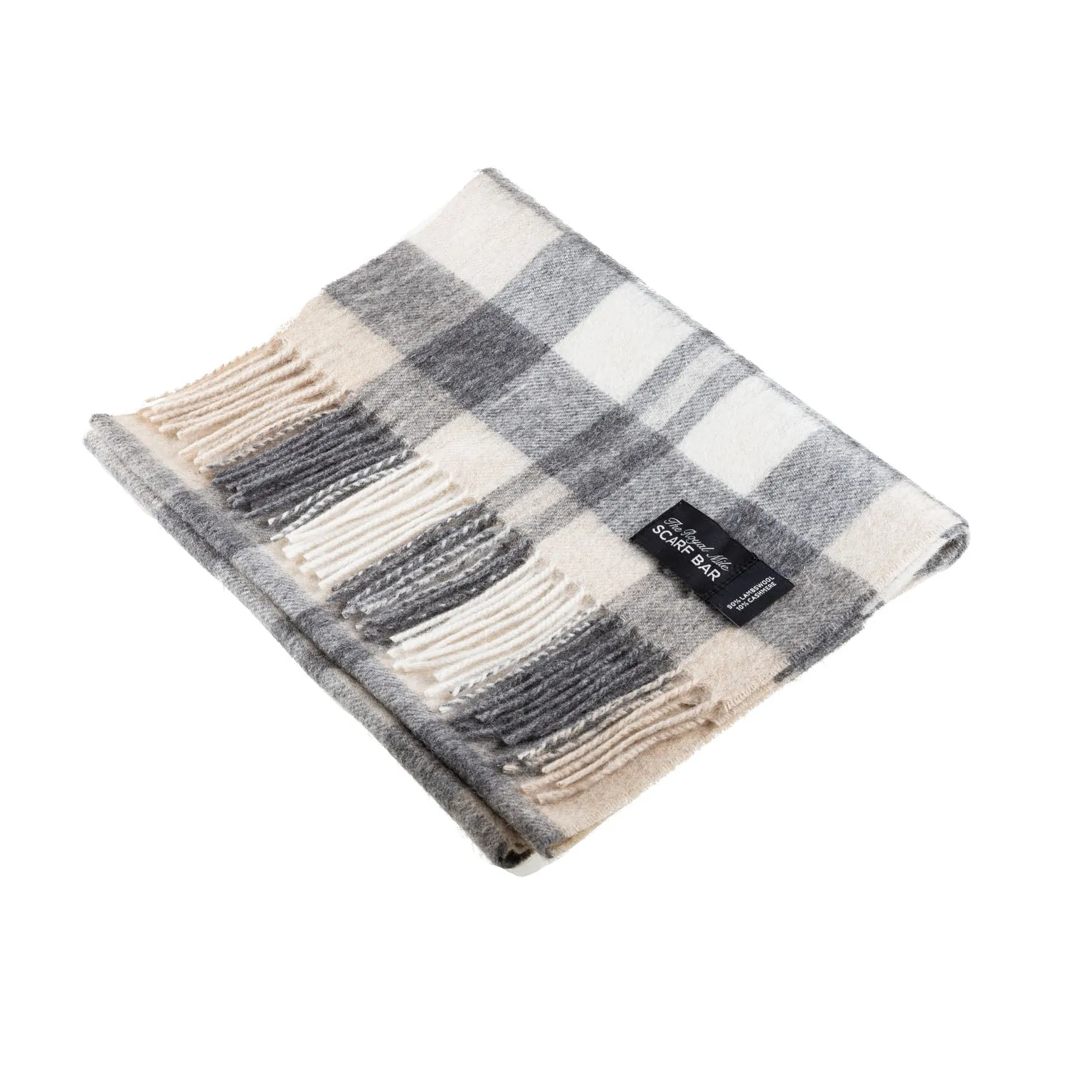 Chequer Tartan 90/10 Cashmere Scarf Bar  Exploded Grey/Natural