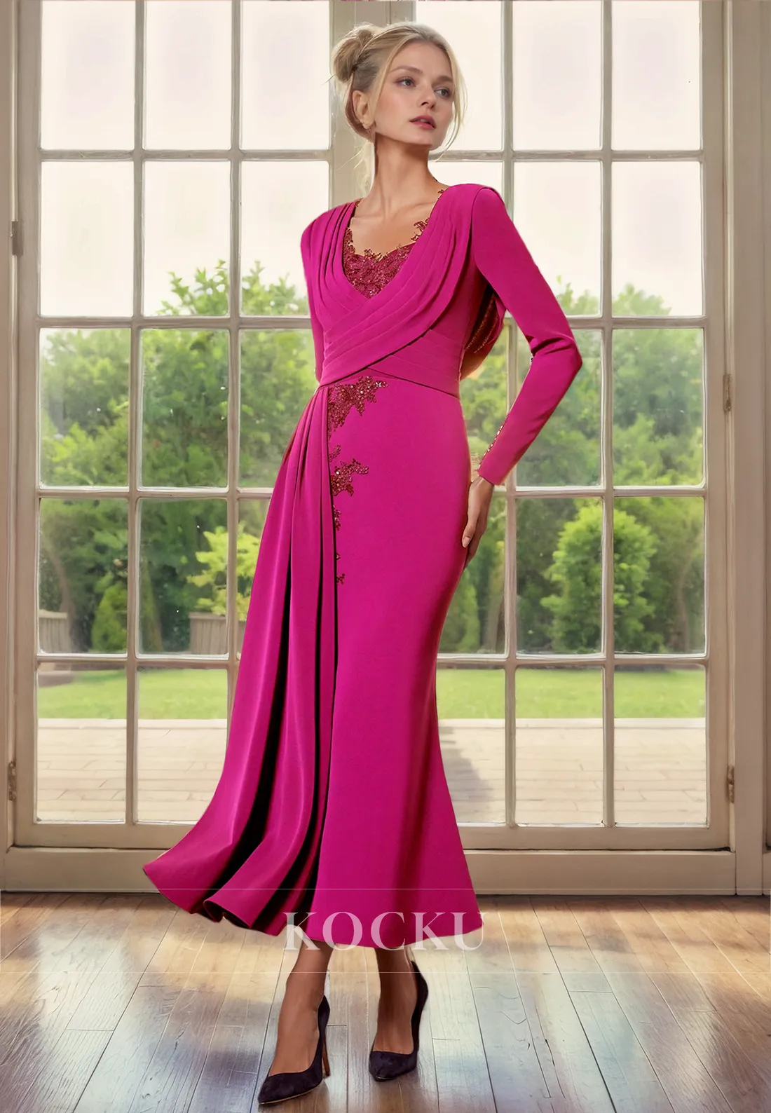 Classic & Timeless Scoop Illusion Back Mermaid Long sleeves Cocktail Mother of the Bride Dress