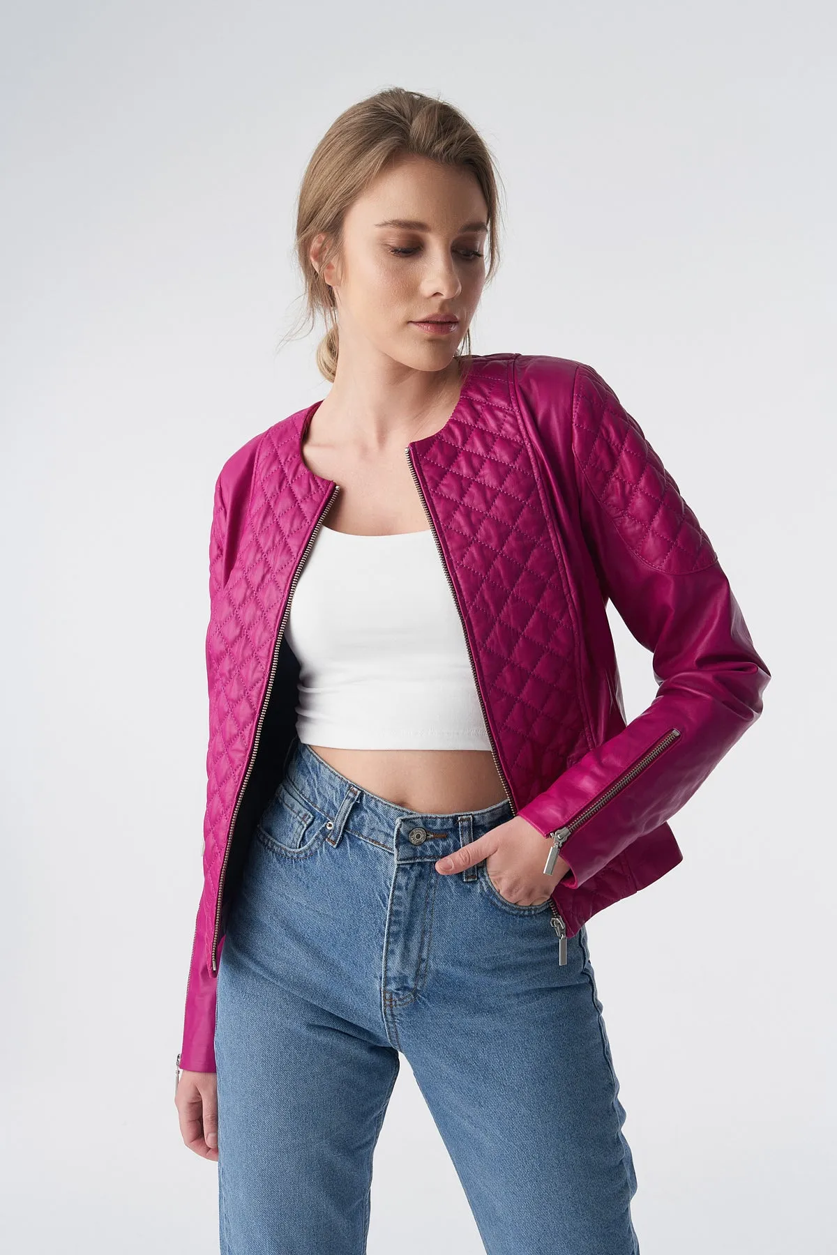 Genuine Leather Quilted Biker Jacket, Fuchsia