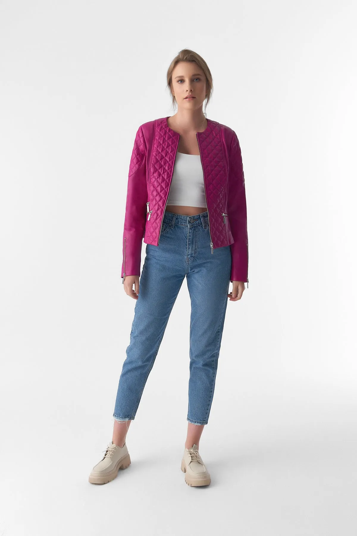 Genuine Leather Quilted Biker Jacket, Fuchsia