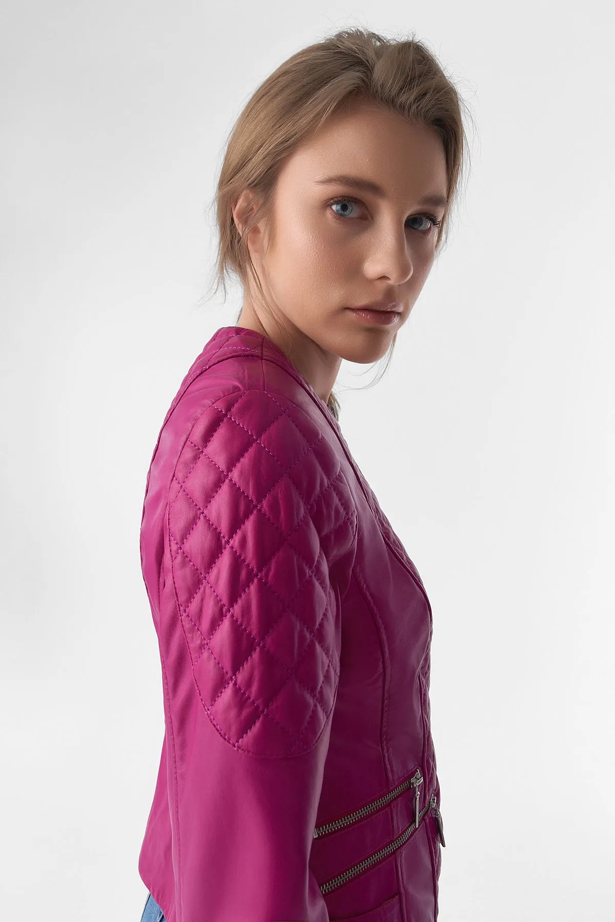 Genuine Leather Quilted Biker Jacket, Fuchsia