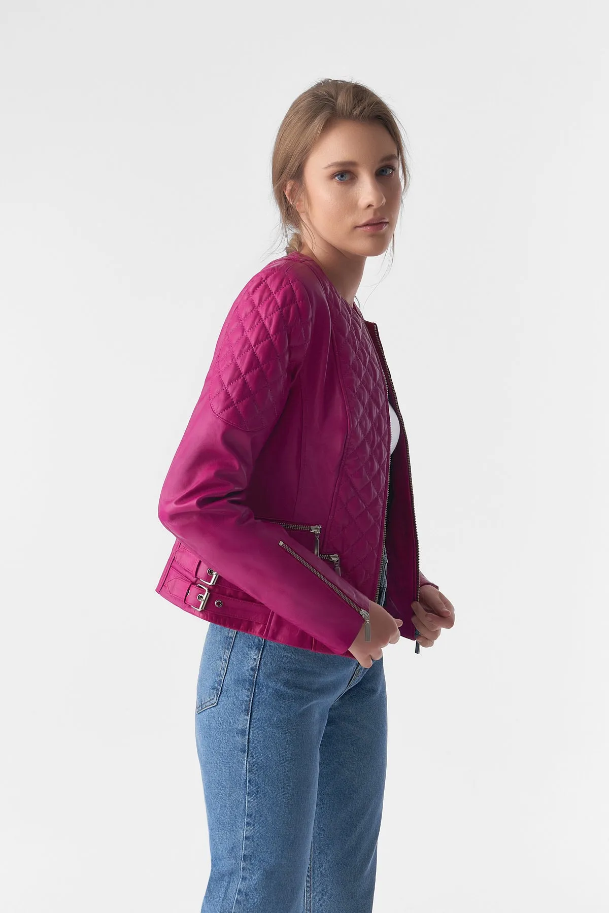 Genuine Leather Quilted Biker Jacket, Fuchsia