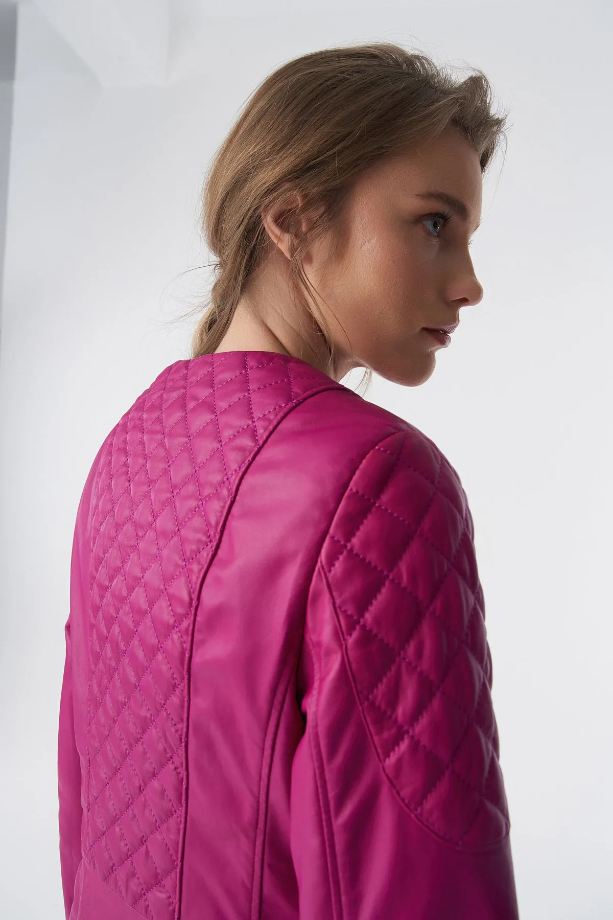 Genuine Leather Quilted Biker Jacket, Fuchsia