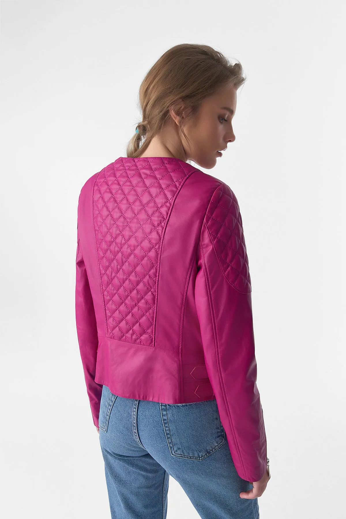 Genuine Leather Quilted Biker Jacket, Fuchsia