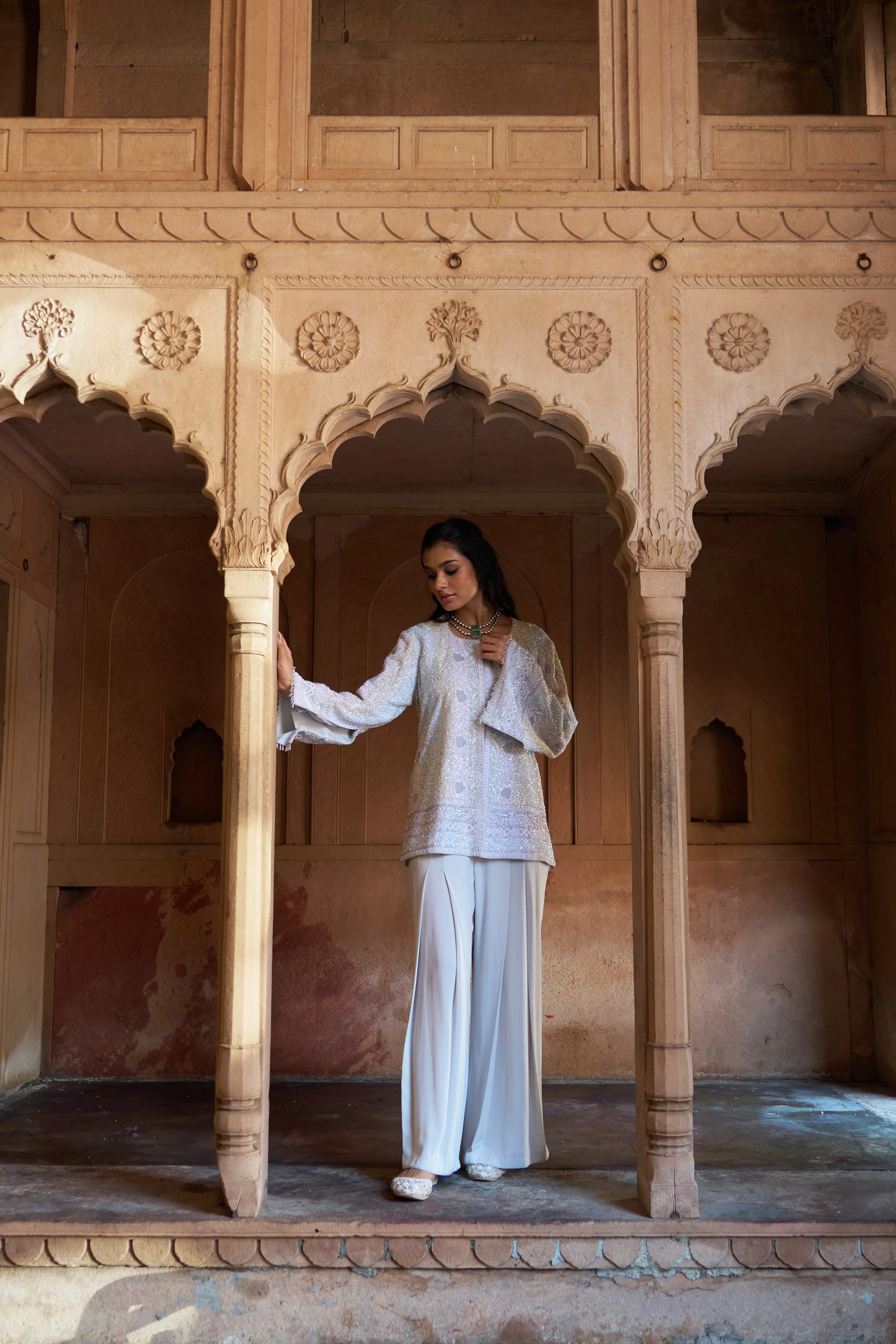 Grey Georgette Chikankari Gilet-set