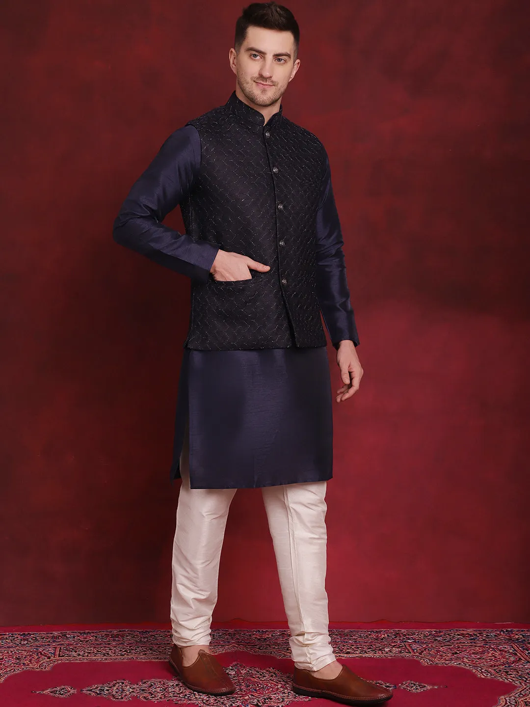 Navy Blue Woven Design Nehru Jacket With Kurta Pyjama Set
