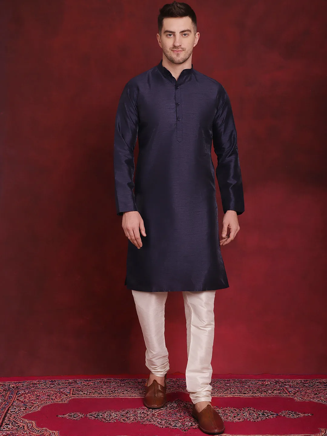 Navy Blue Woven Design Nehru Jacket With Kurta Pyjama Set