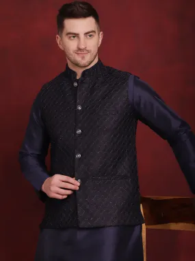 Navy Blue Woven Design Nehru Jacket With Kurta Pyjama Set