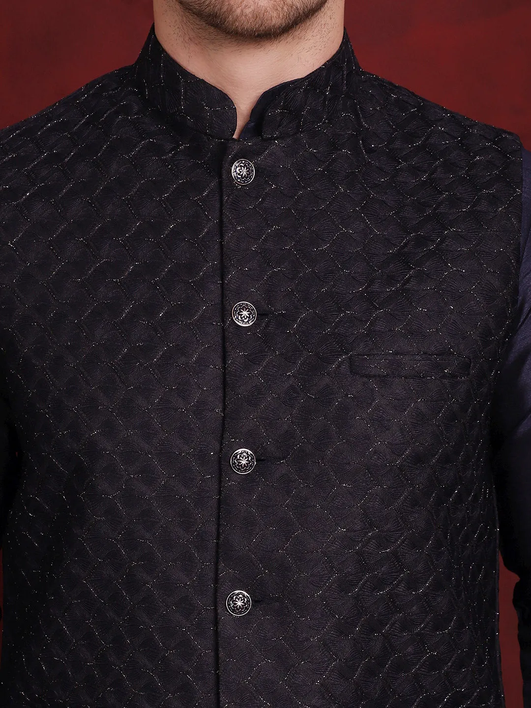 Navy Blue Woven Design Nehru Jacket With Kurta Pyjama Set
