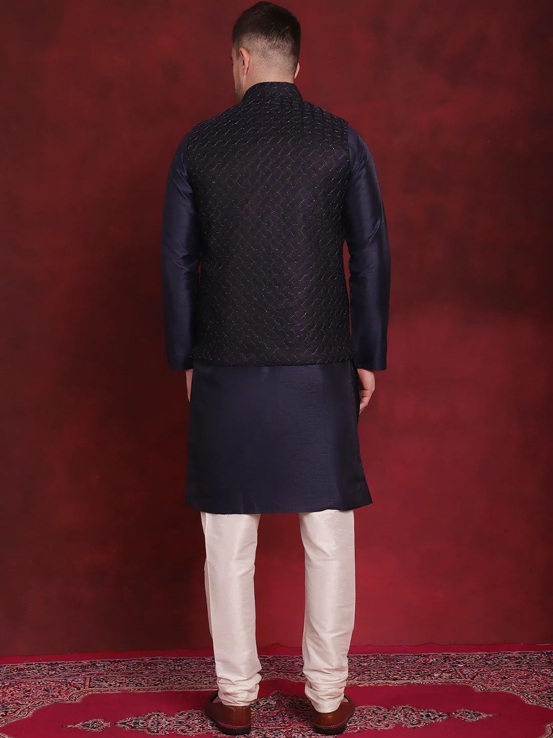 Navy Blue Woven Design Nehru Jacket With Kurta Pyjama Set