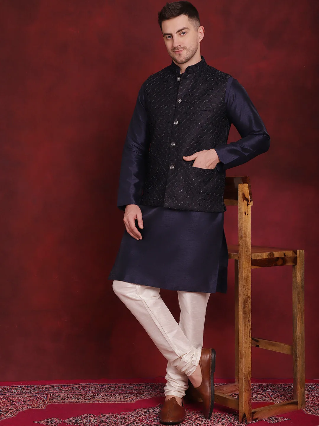 Navy Blue Woven Design Nehru Jacket With Kurta Pyjama Set