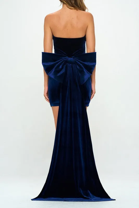 Navy Velvet Bow Train Bodycon Mini Dress