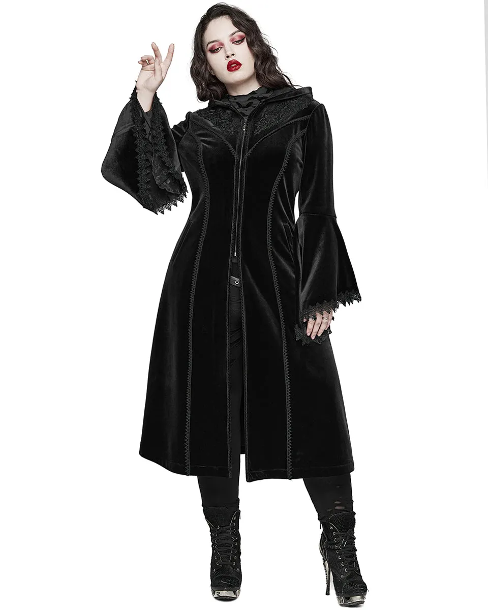 Punk Rave Womens Gorgeous Gothic Lace Applique Hooded Coat - Extended Size Range - Black Velvet