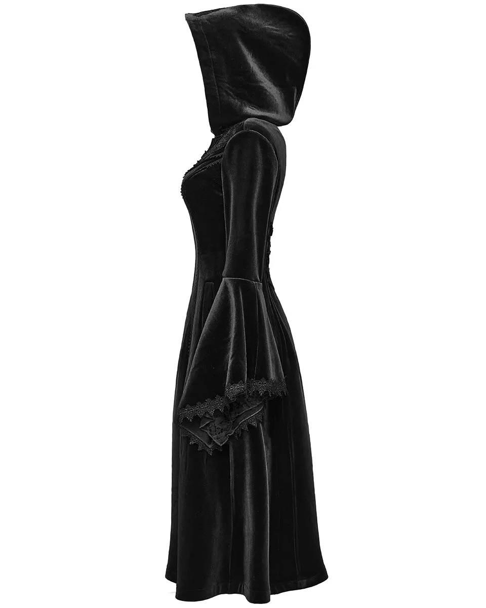 Punk Rave Womens Gorgeous Gothic Lace Applique Hooded Coat - Extended Size Range - Black Velvet