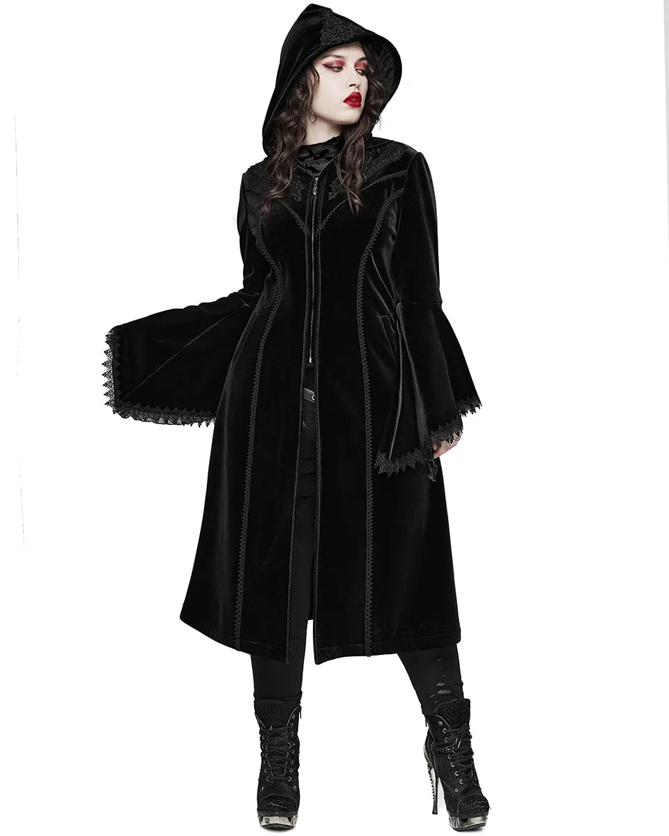 Punk Rave Womens Gorgeous Gothic Lace Applique Hooded Coat - Extended Size Range - Black Velvet