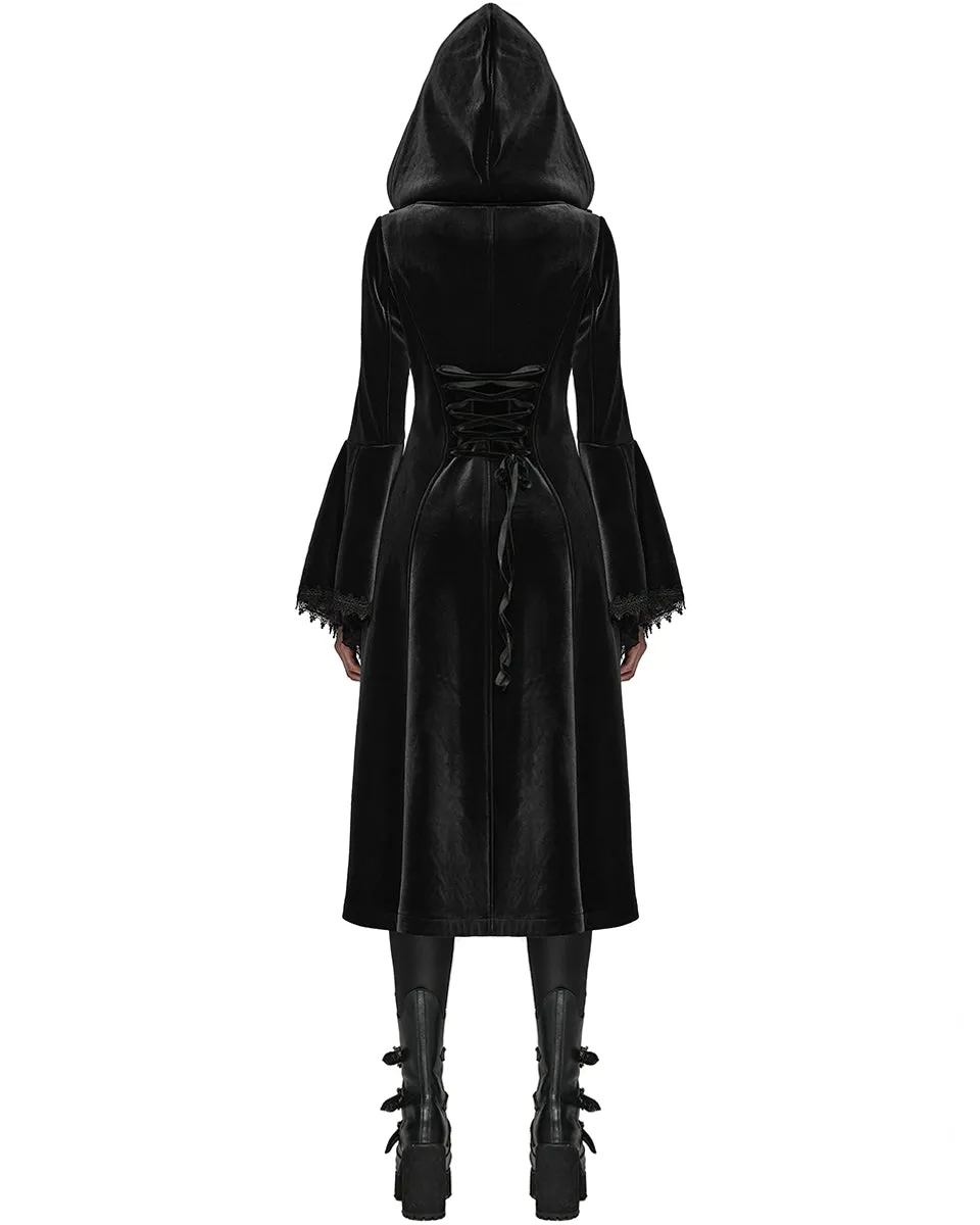 Punk Rave Womens Gorgeous Gothic Lace Applique Hooded Coat - Extended Size Range - Black Velvet