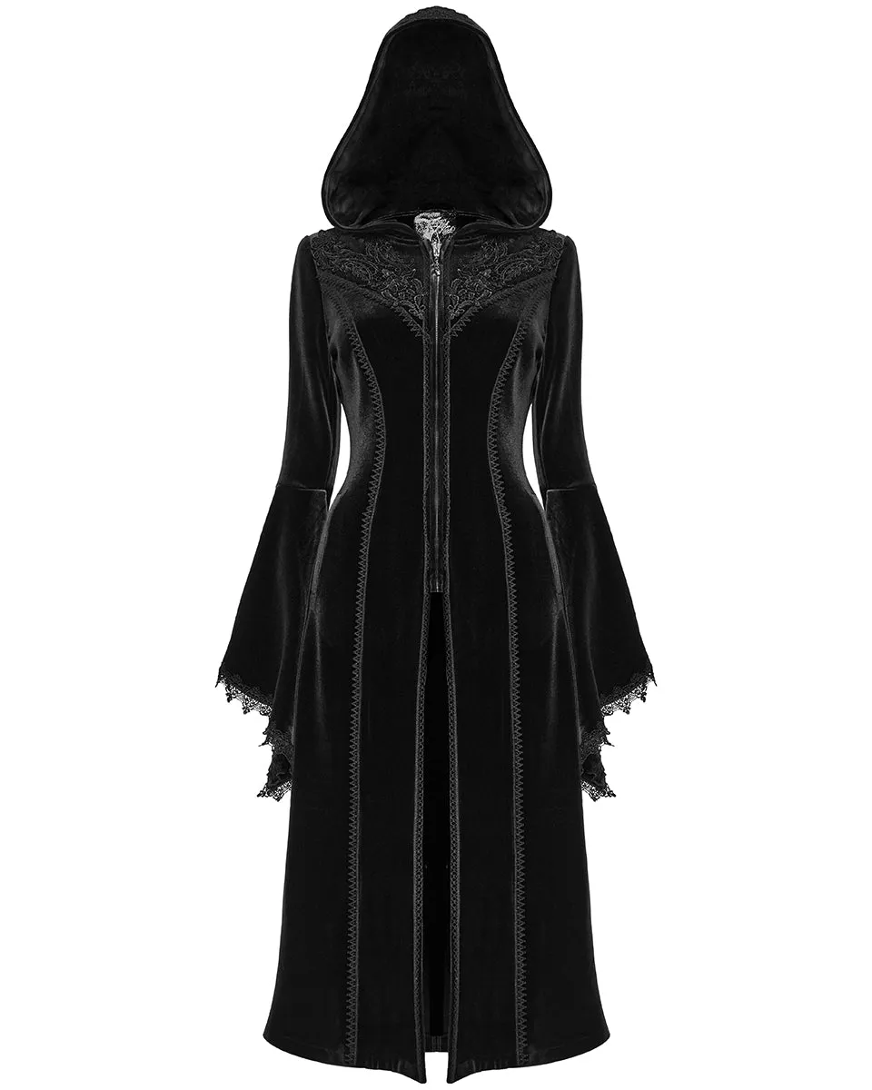 Punk Rave Womens Gorgeous Gothic Lace Applique Hooded Coat - Extended Size Range - Black Velvet