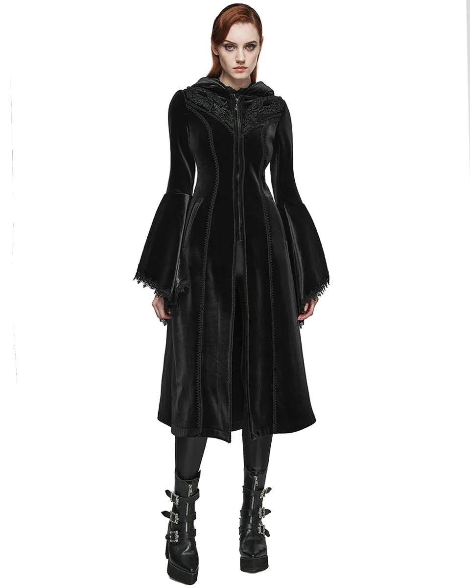 Punk Rave Womens Gorgeous Gothic Lace Applique Hooded Coat - Extended Size Range - Black Velvet