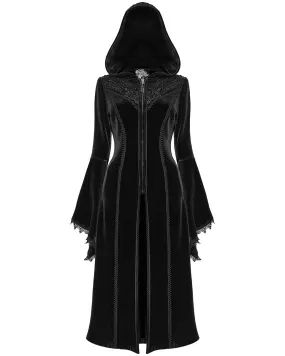 Punk Rave Womens Gorgeous Gothic Lace Applique Hooded Coat - Extended Size Range - Black Velvet
