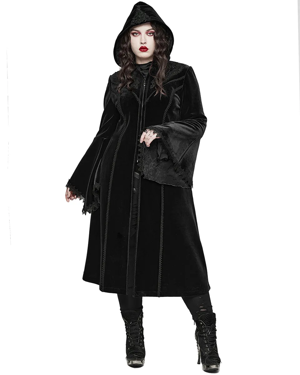 Punk Rave Womens Gorgeous Gothic Lace Applique Hooded Coat - Extended Size Range - Black Velvet