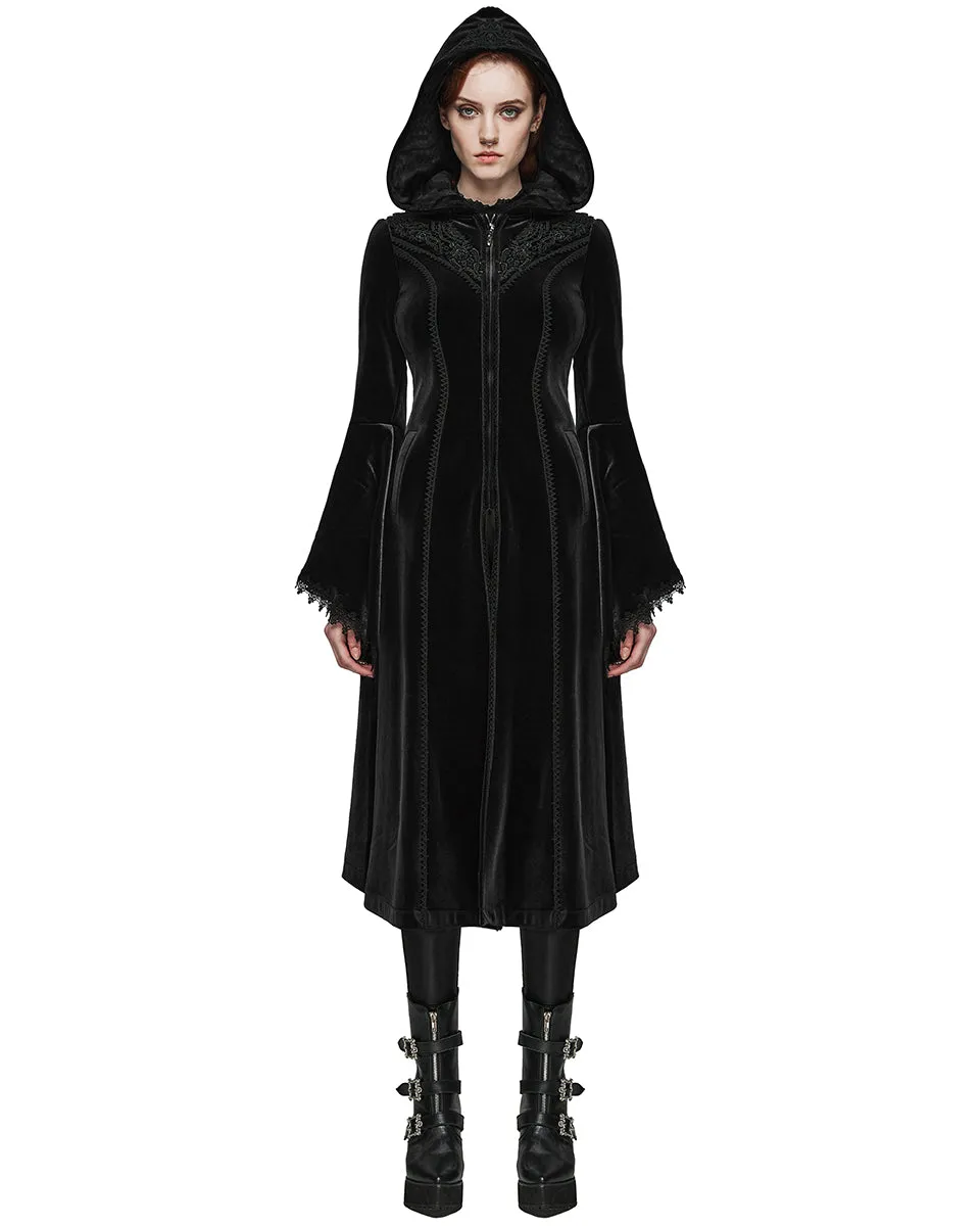 Punk Rave Womens Gorgeous Gothic Lace Applique Hooded Coat - Extended Size Range - Black Velvet
