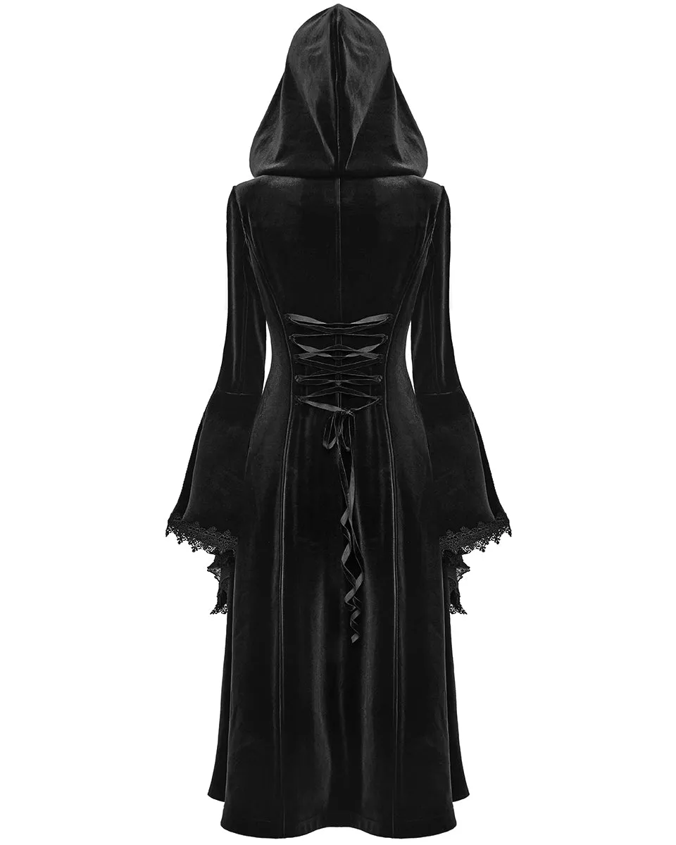 Punk Rave Womens Gorgeous Gothic Lace Applique Hooded Coat - Extended Size Range - Black Velvet