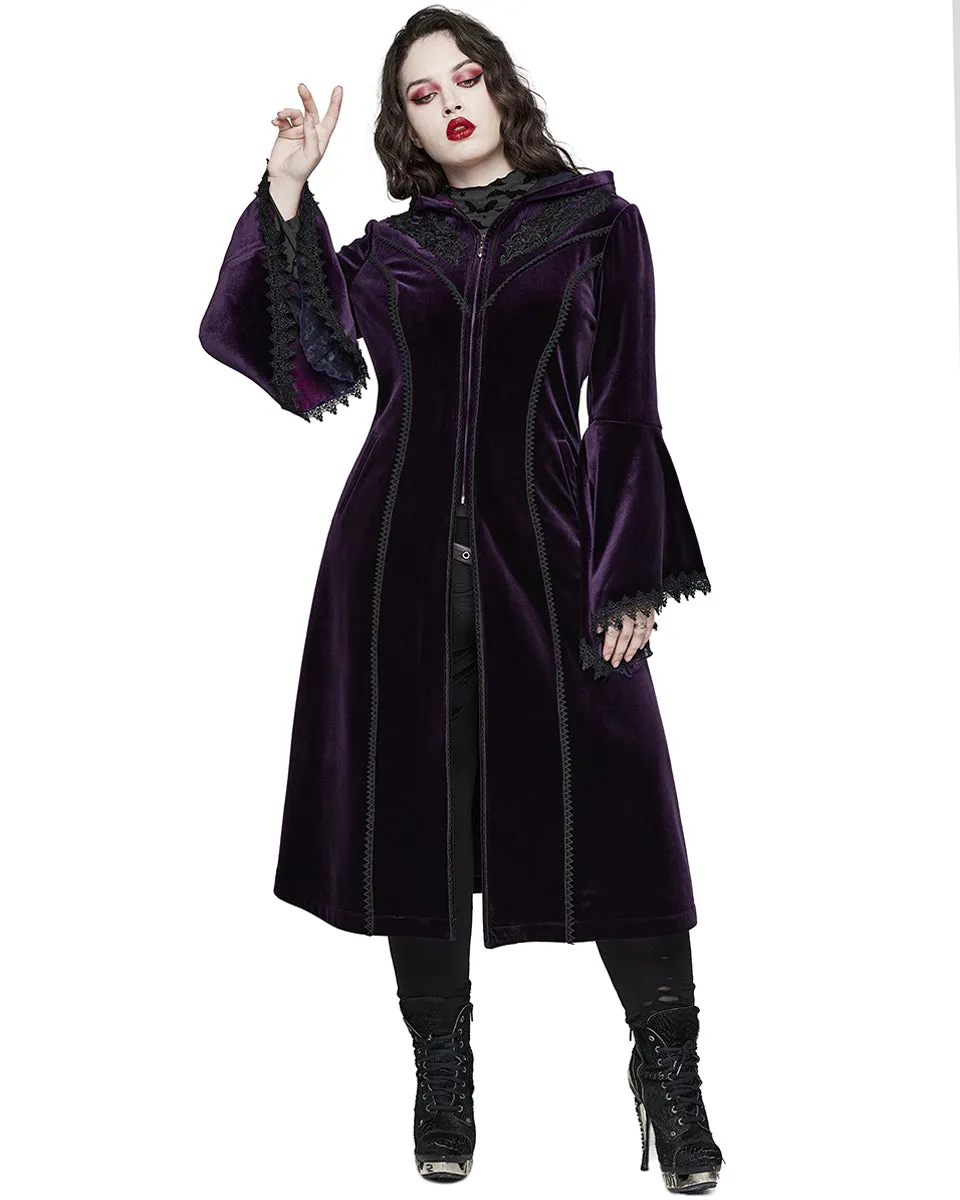 Punk Rave Womens Gorgeous Gothic Lace Applique Hooded Coat - Extended Size Range - Purple Velvet