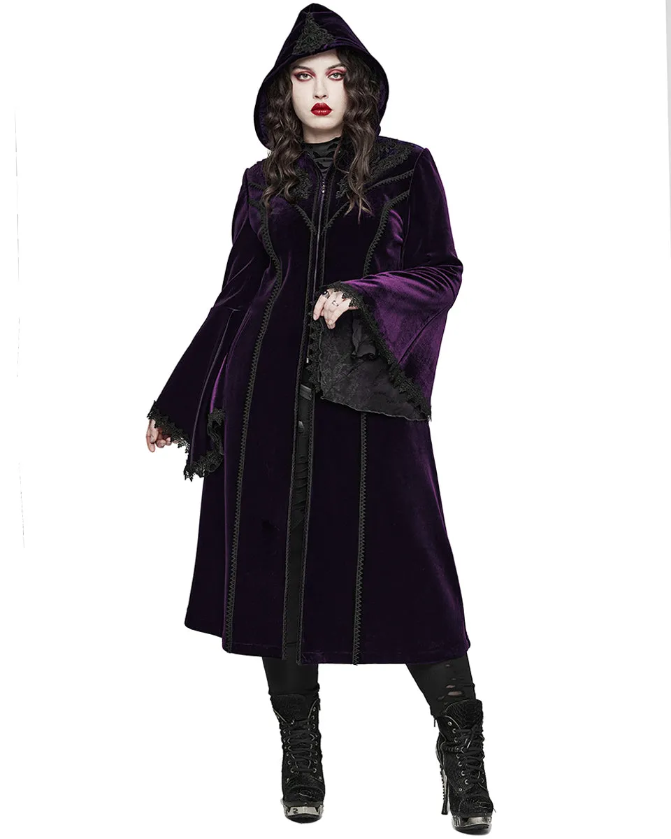 Punk Rave Womens Gorgeous Gothic Lace Applique Hooded Coat - Extended Size Range - Purple Velvet