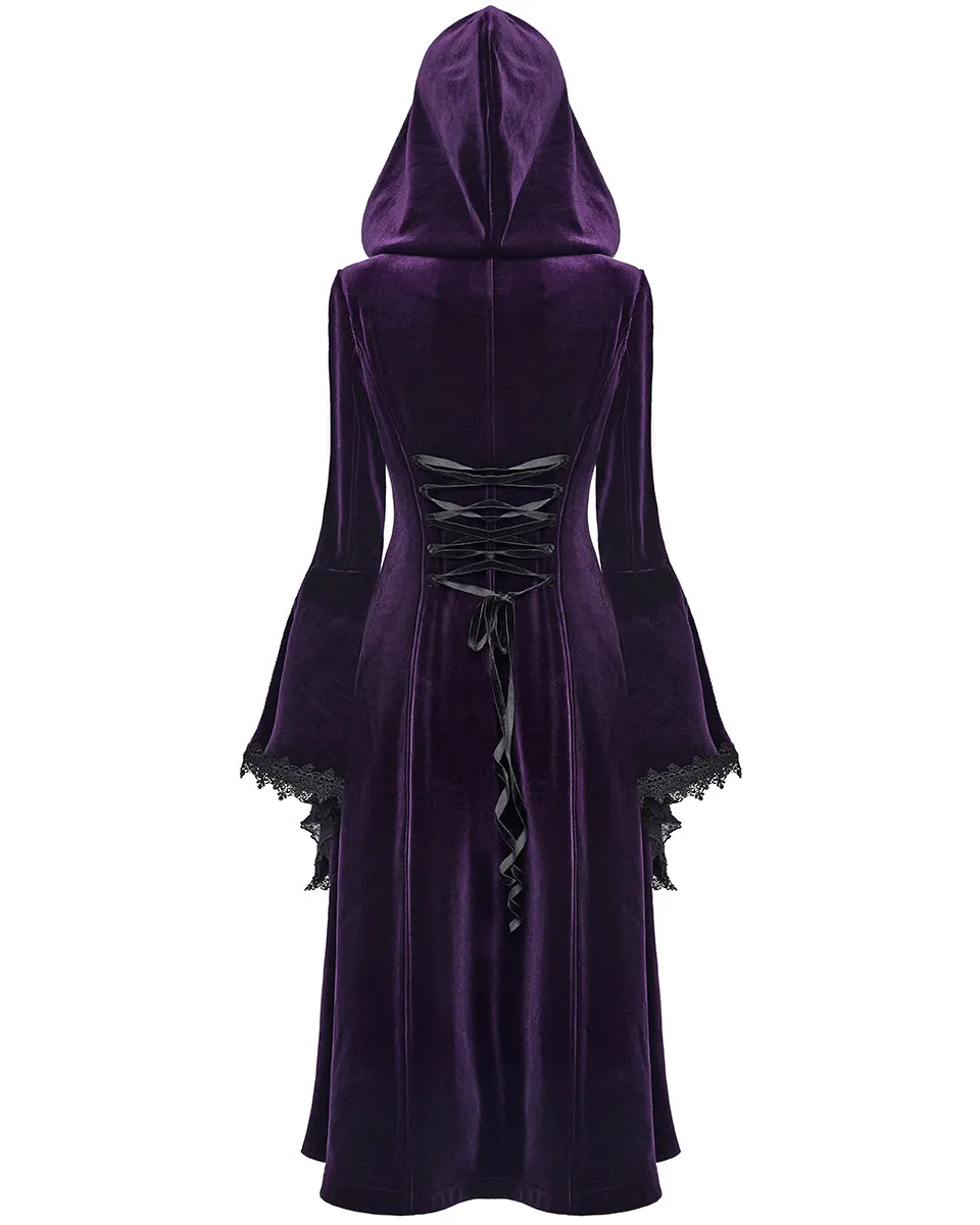 Punk Rave Womens Gorgeous Gothic Lace Applique Hooded Coat - Extended Size Range - Purple Velvet