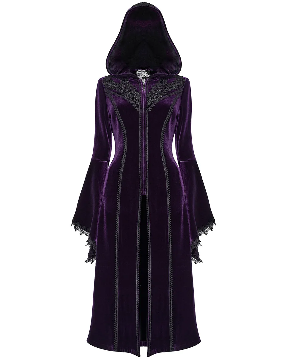 Punk Rave Womens Gorgeous Gothic Lace Applique Hooded Coat - Extended Size Range - Purple Velvet