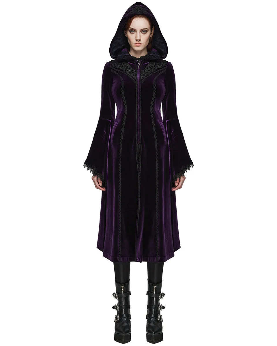 Punk Rave Womens Gorgeous Gothic Lace Applique Hooded Coat - Extended Size Range - Purple Velvet