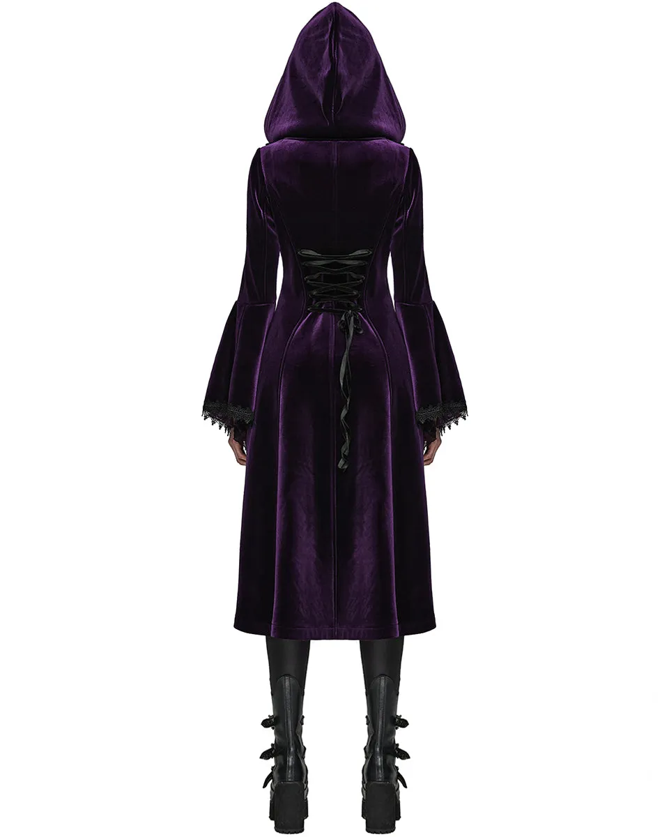 Punk Rave Womens Gorgeous Gothic Lace Applique Hooded Coat - Extended Size Range - Purple Velvet