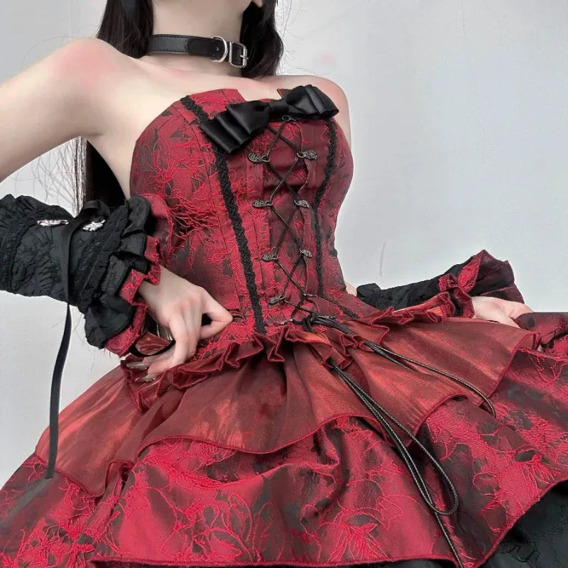TAVIMART  -  Victorian Gothic Lolita Dress Women Harajuku Y2k Lace Bow Evening Party Dresses Japanese Punk Style Slim Bandage Princess Dress
