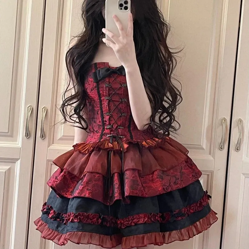 TAVIMART  -  Victorian Gothic Lolita Dress Women Harajuku Y2k Lace Bow Evening Party Dresses Japanese Punk Style Slim Bandage Princess Dress