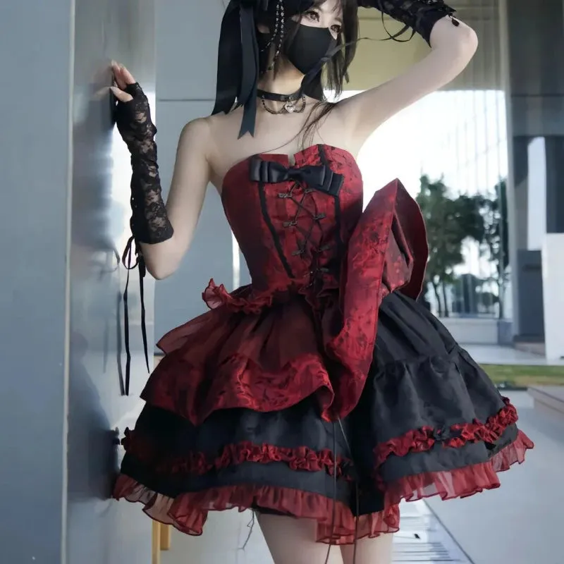 TAVIMART  -  Victorian Gothic Lolita Dress Women Harajuku Y2k Lace Bow Evening Party Dresses Japanese Punk Style Slim Bandage Princess Dress