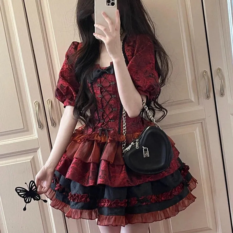 TAVIMART  -  Victorian Gothic Lolita Dress Women Harajuku Y2k Lace Bow Evening Party Dresses Japanese Punk Style Slim Bandage Princess Dress