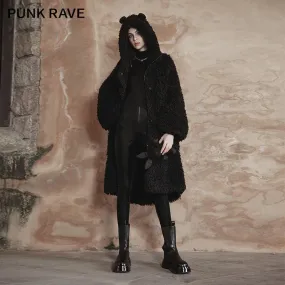 Women's Punk Sherpa Long Coat with Bear's Ears Hood