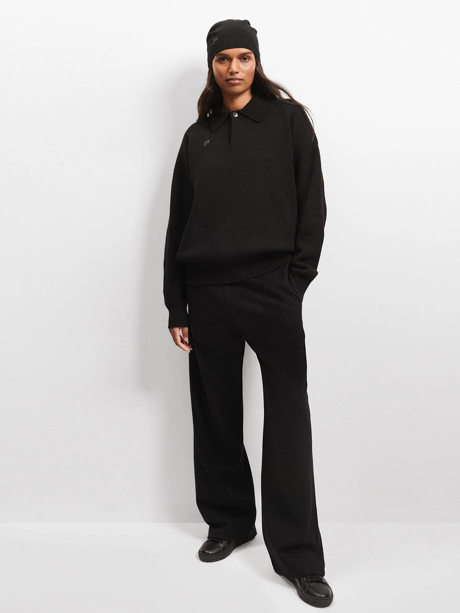 Womens Recycled Cashmere Polo Sweater—black