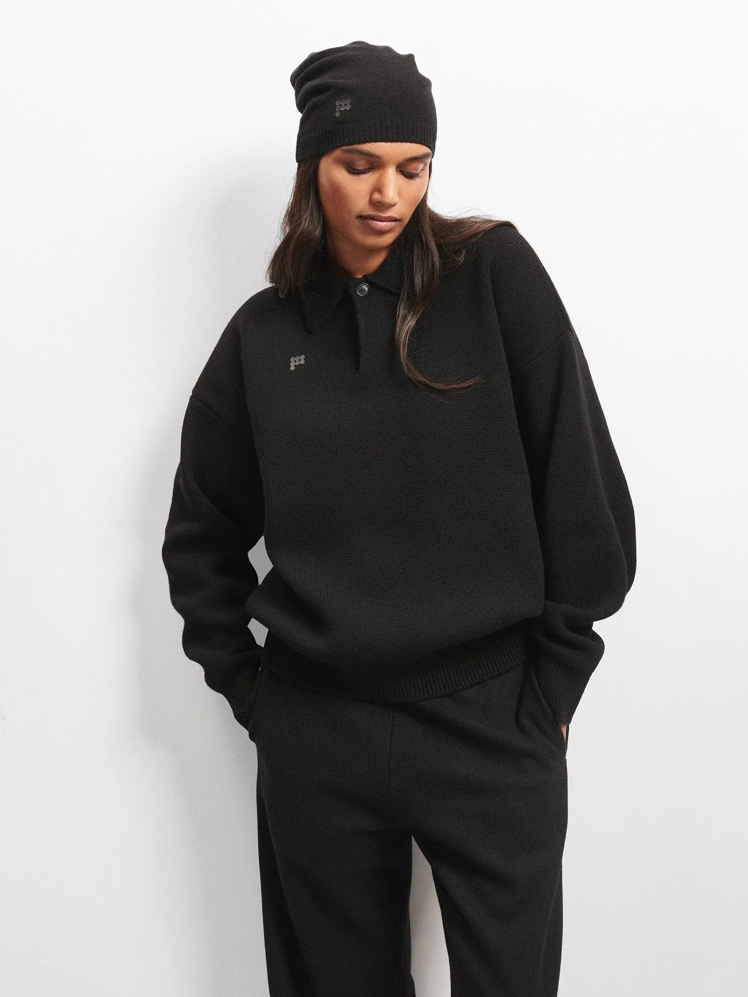 Womens Recycled Cashmere Polo Sweater—black